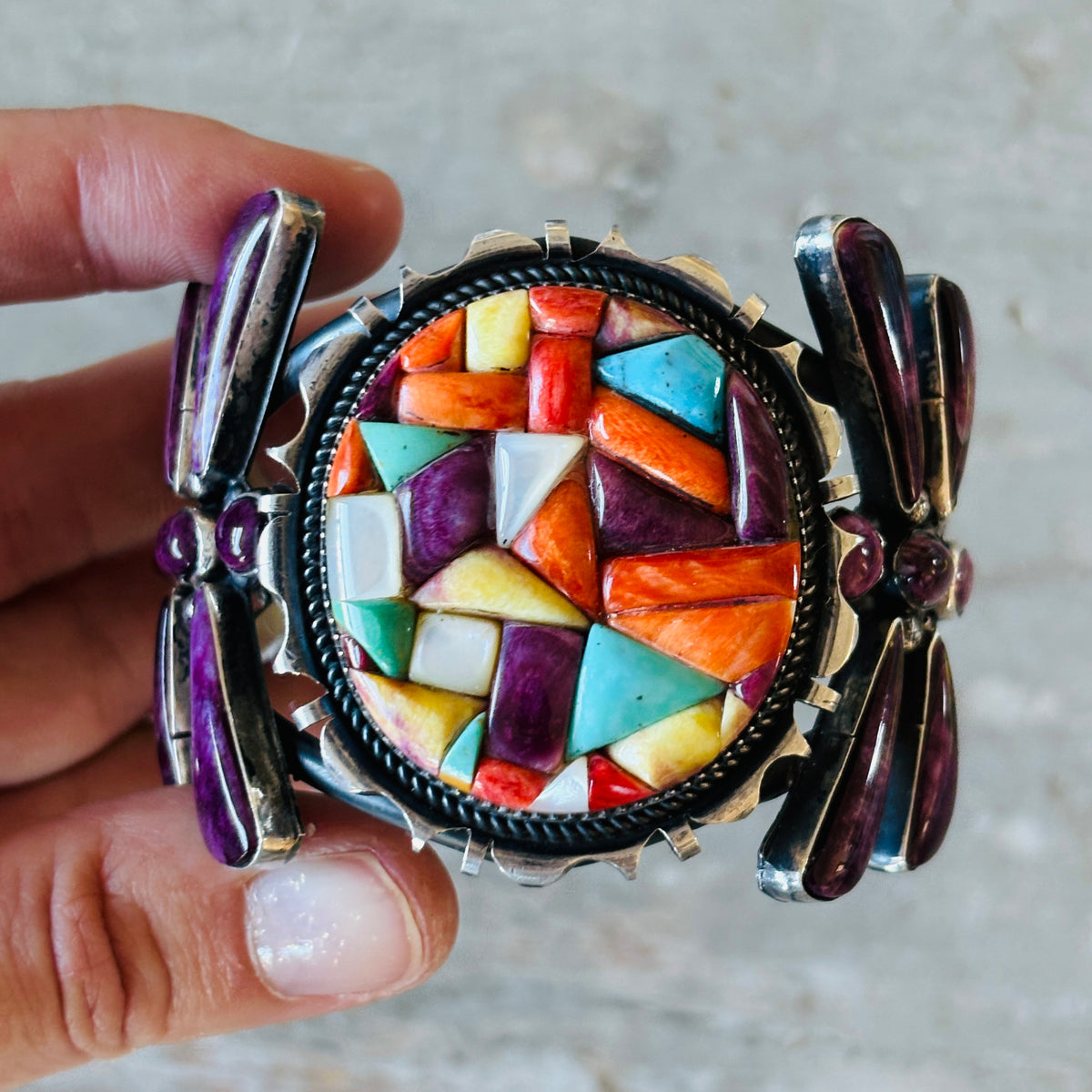 Navajo Marcus Chavez Sterling Silver Multi Stone Dragonfly Cobblestone Cuff