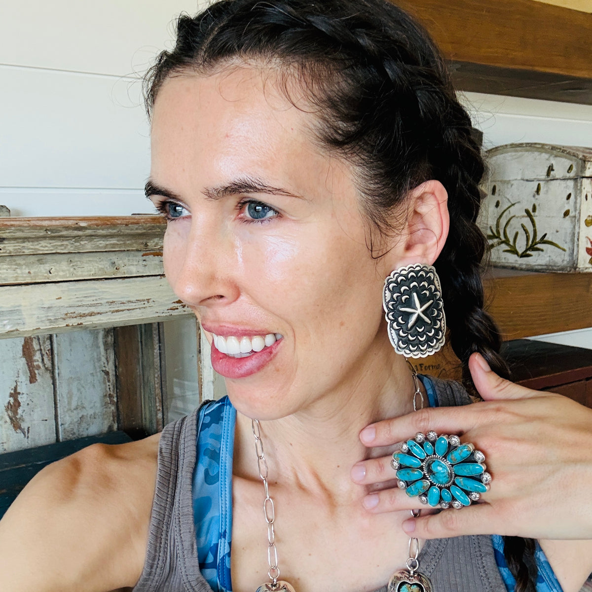 Navajo Leander Tahe Sterling Silver Shield Earrings