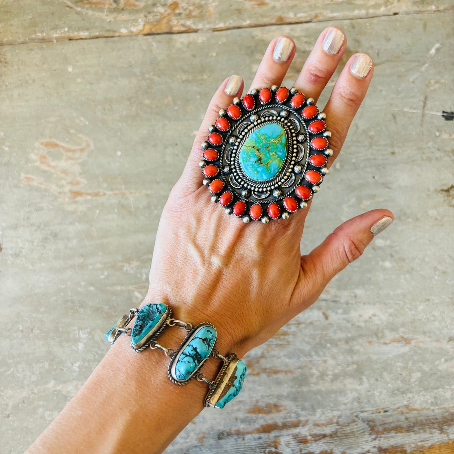 Navajo La Rose Ganadonegro Sterling Silver & Sleeping Beauty Turquoise Panel Bracelet