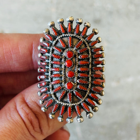 Vintage Zuni Vincent Johnson Sterling Silver & Red Coral Cluster Ring