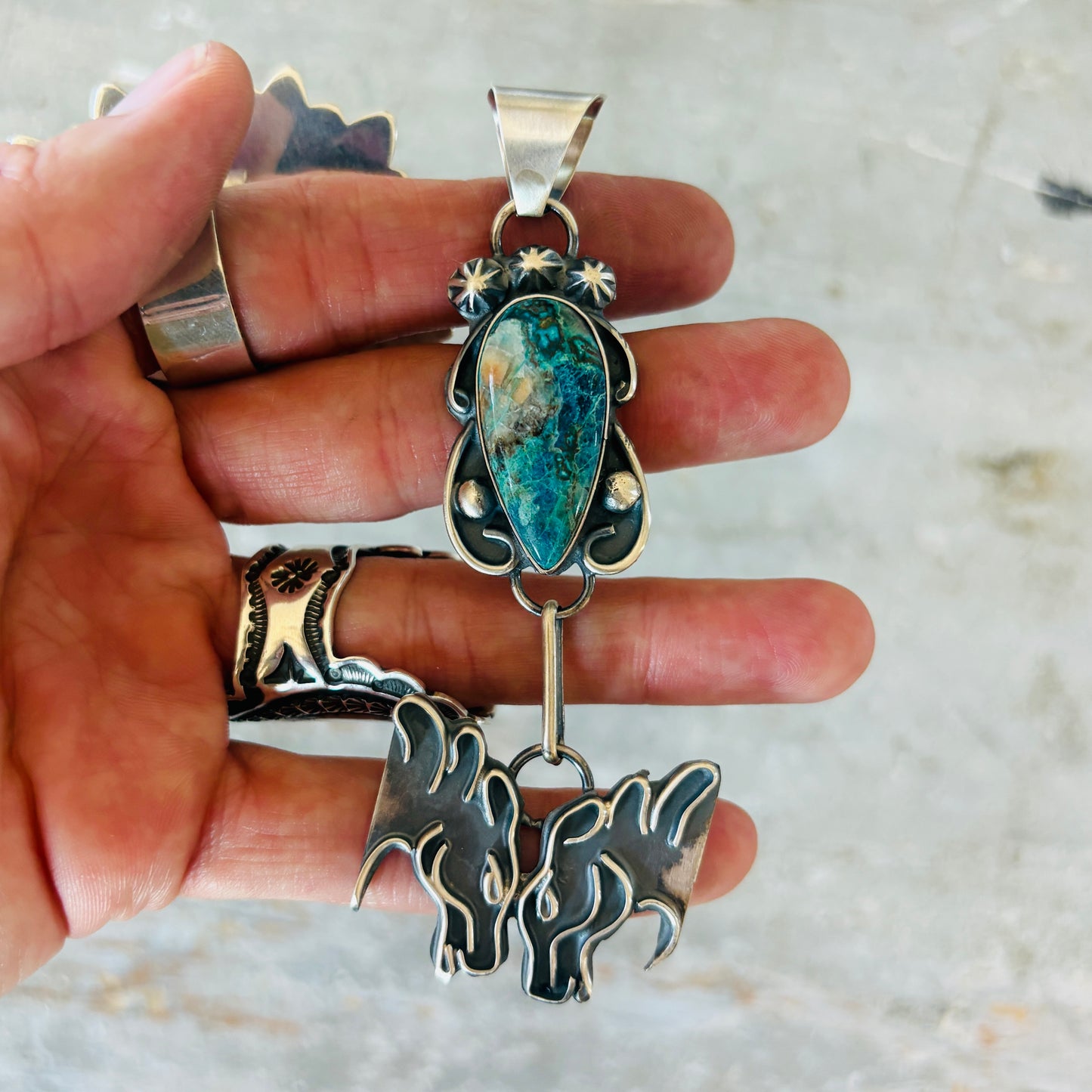 Navajo Miranda Willie Sterling Silver & Chryscolla Horses Pendant