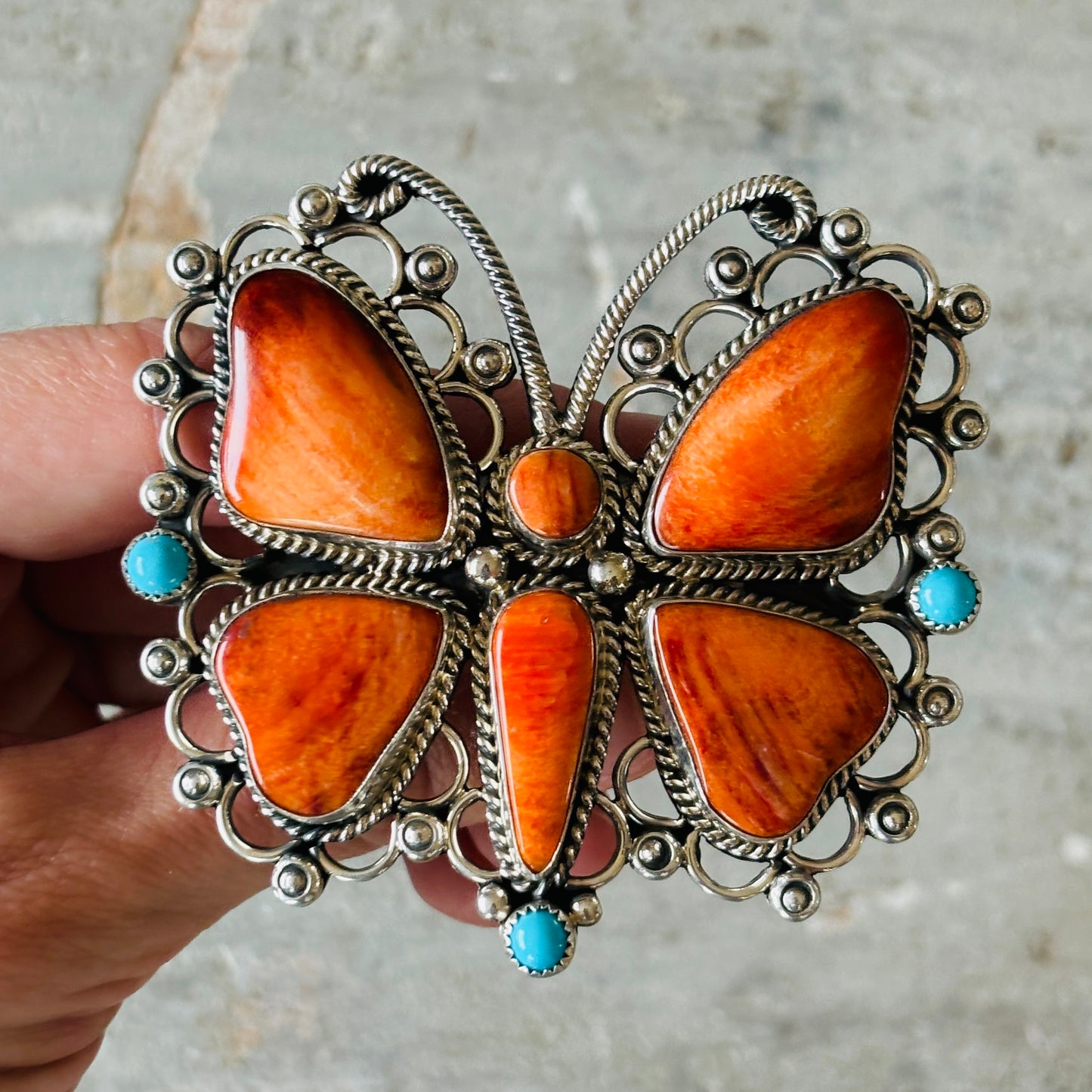 Navajo Hemerson Brown Sterling Silver - Orange Spiny & Sleeping Beauty Turquoise Butterfly Ring