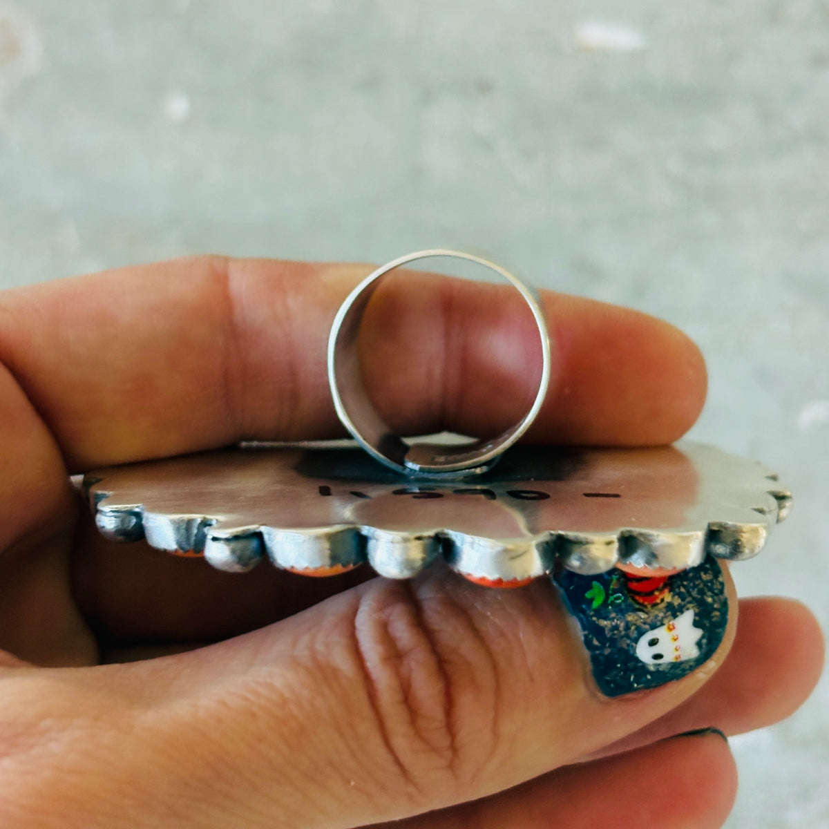 Navajo Kindale Billah Sterling Silver - Ceramic & Orange Spiny Oyster Cluster Pumpkin Ring