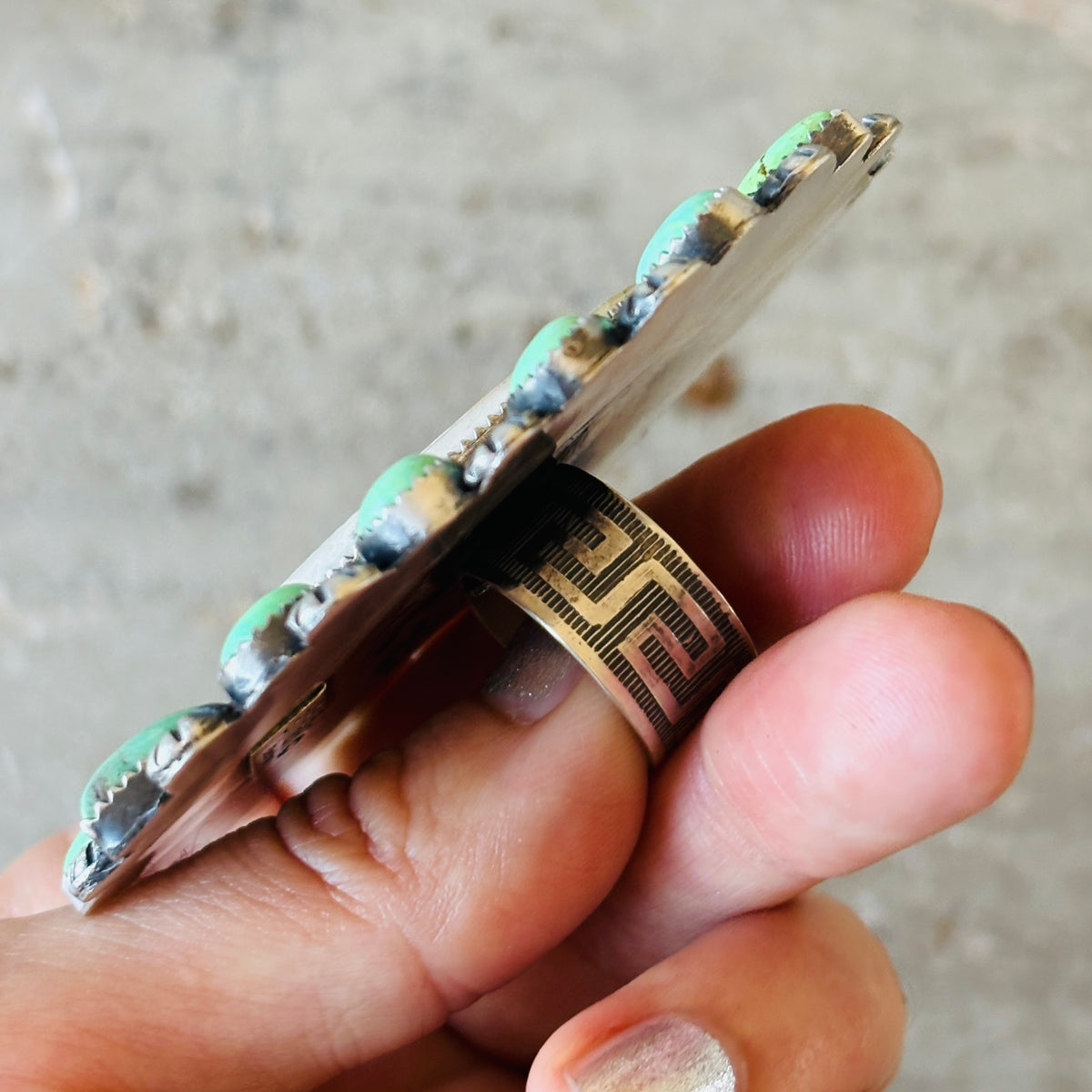 Navajo Kindale Billah Sterling Silver - Ceramic & Mojave Campitos Turquoise Chief Cluster Ring