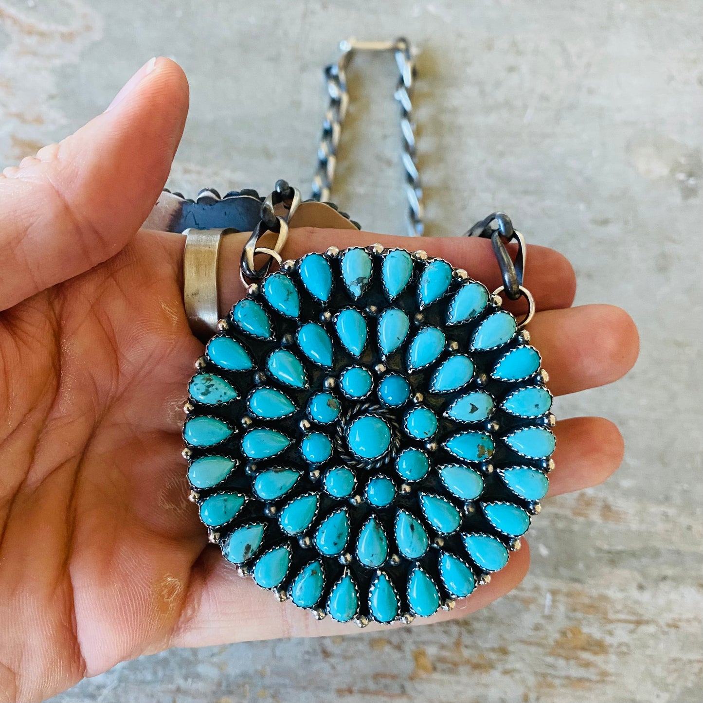 Navajo Lorenzo Jerilyn Chee Sterling Silver & Kingman Turquoise Cluster Necklace