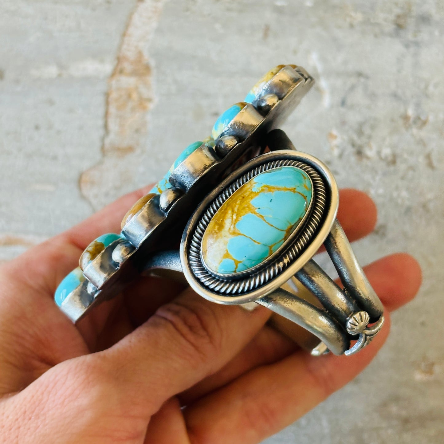 Navajo Hemerson Brown Sterling Silver & Royston Turquoise Cluster Statement Cuff