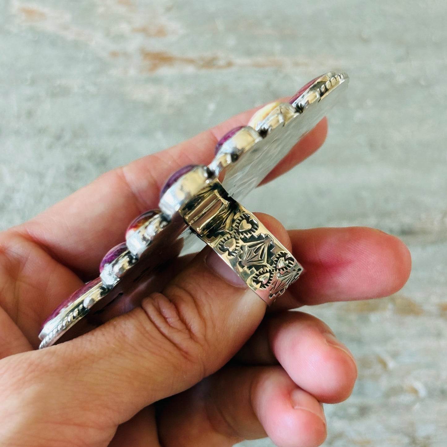 Navajo Tyler Brown Sterling Silver & Purple Spiny Hearts Statement Ring