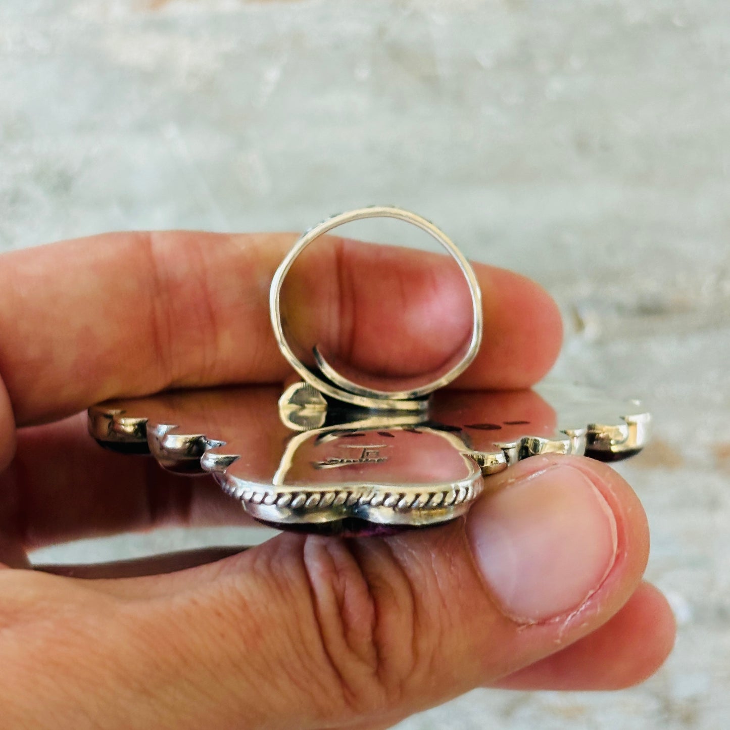Navajo Tyler Brown Sterling Silver & Purple Spiny Hearts Statement Ring