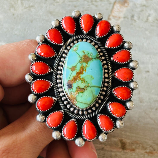 Navajo Hemerson Brown Sterling Silver - Red Coral & Sonoran Turquoise Cluster Ring