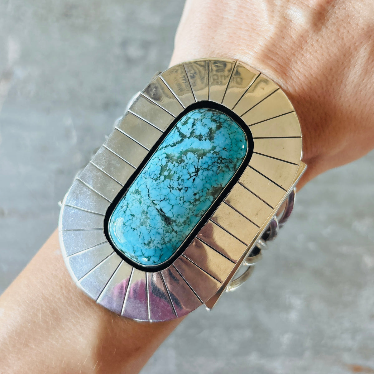 Navajo Running Bear Sterling Silver & Kingman Turquoise Statement Cuff