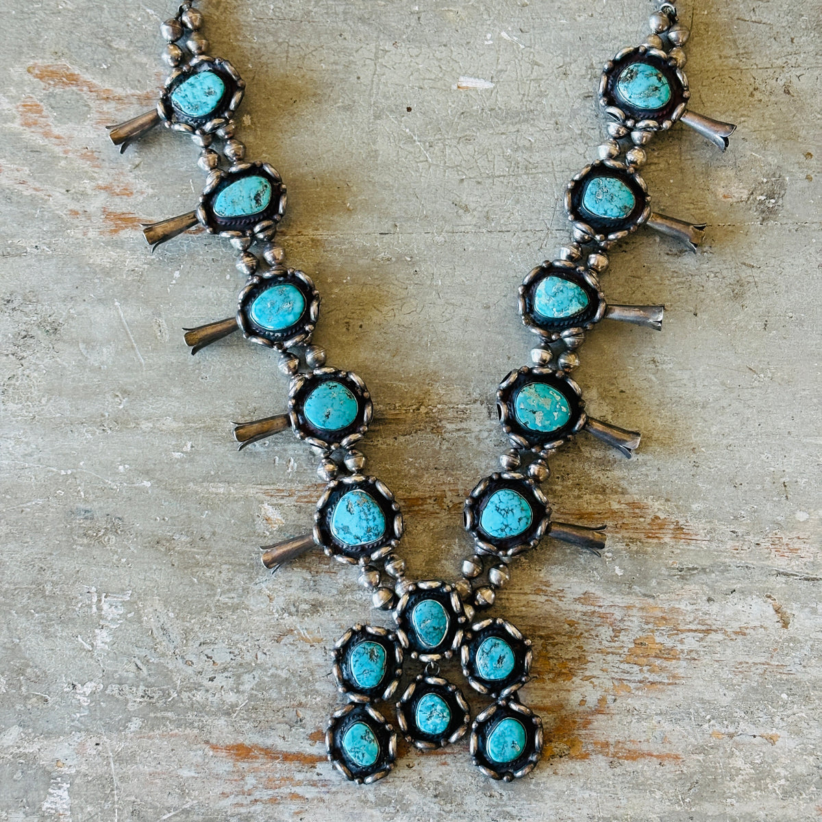 Vintage 1950s Navajo Sterling Silver & High Grade Kingman Squash Blossom Necklace