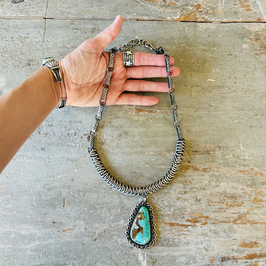 Navajo Marcus Chavez Sterling Silver & Royston Statement Necklace