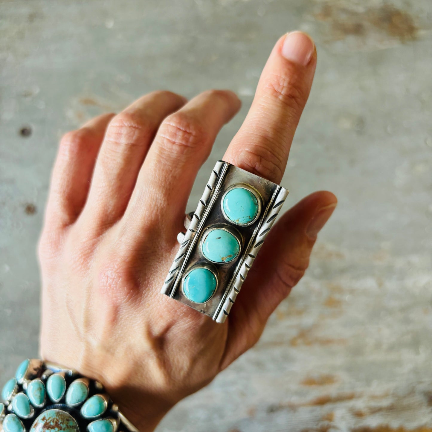 Navajo Signed Sterling Silver & Lone Mountain Turquoise Three Stone Ring