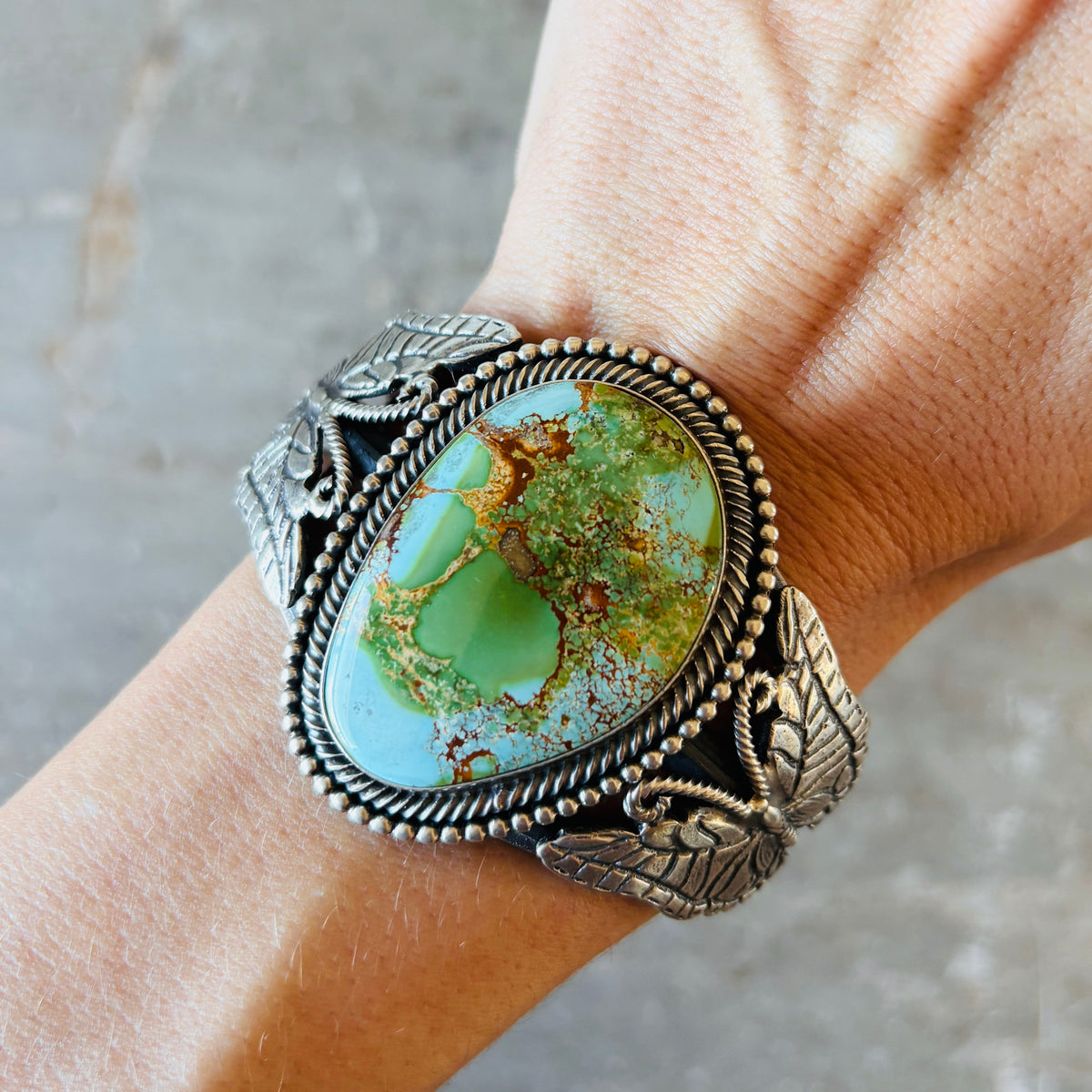 Navajo Hemerson Brown Sterling Silver & Royston Tufa Cast Butterflies Statement Cuff