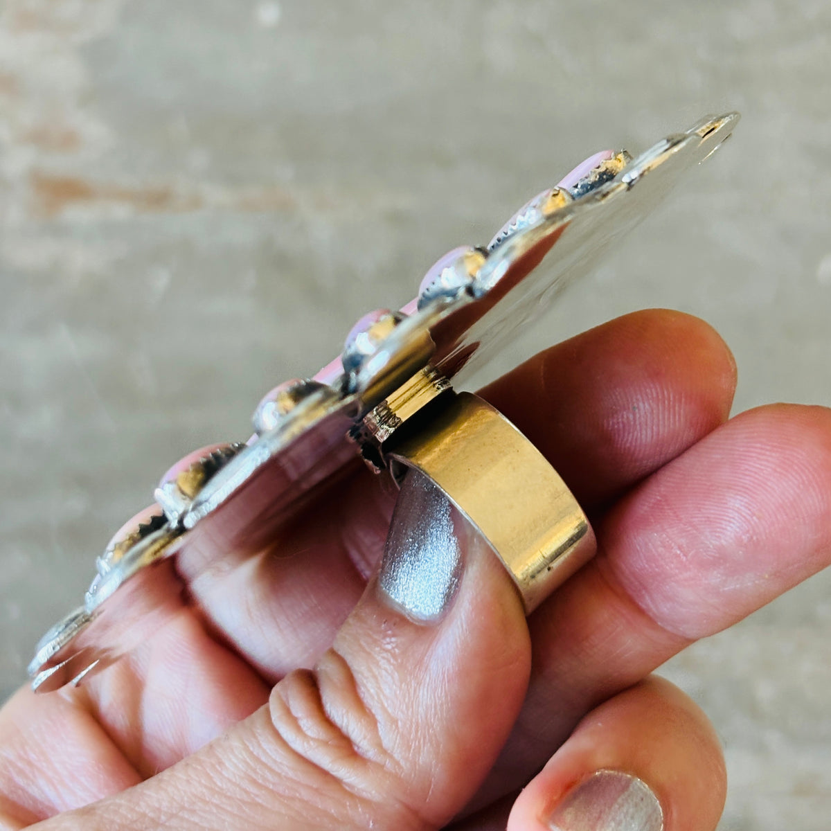 Navajo Hemerson Brown Sterling Silver & Pink Conch Cluster Statement Ring