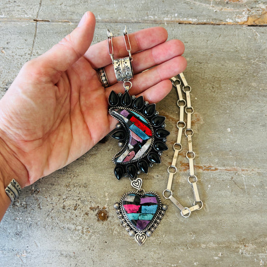 Navajo Hemerson Brown Sterling Silver - Dichroic Polymer Clay & Black Onyx Statement Pendant - Necklace