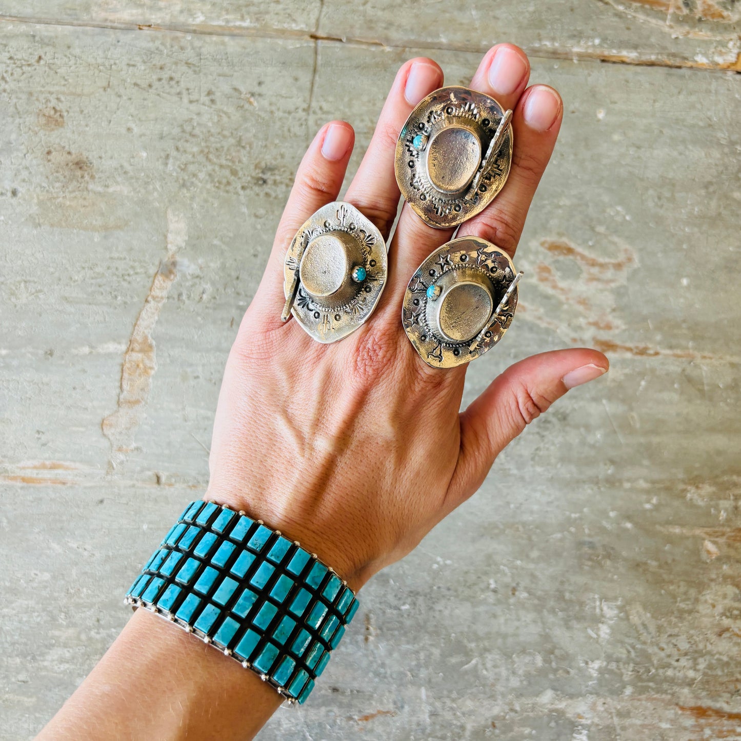 Navajo Robbie Manuelito Sterling Silver & Kingman Turquoise Cowboy Hat Ring