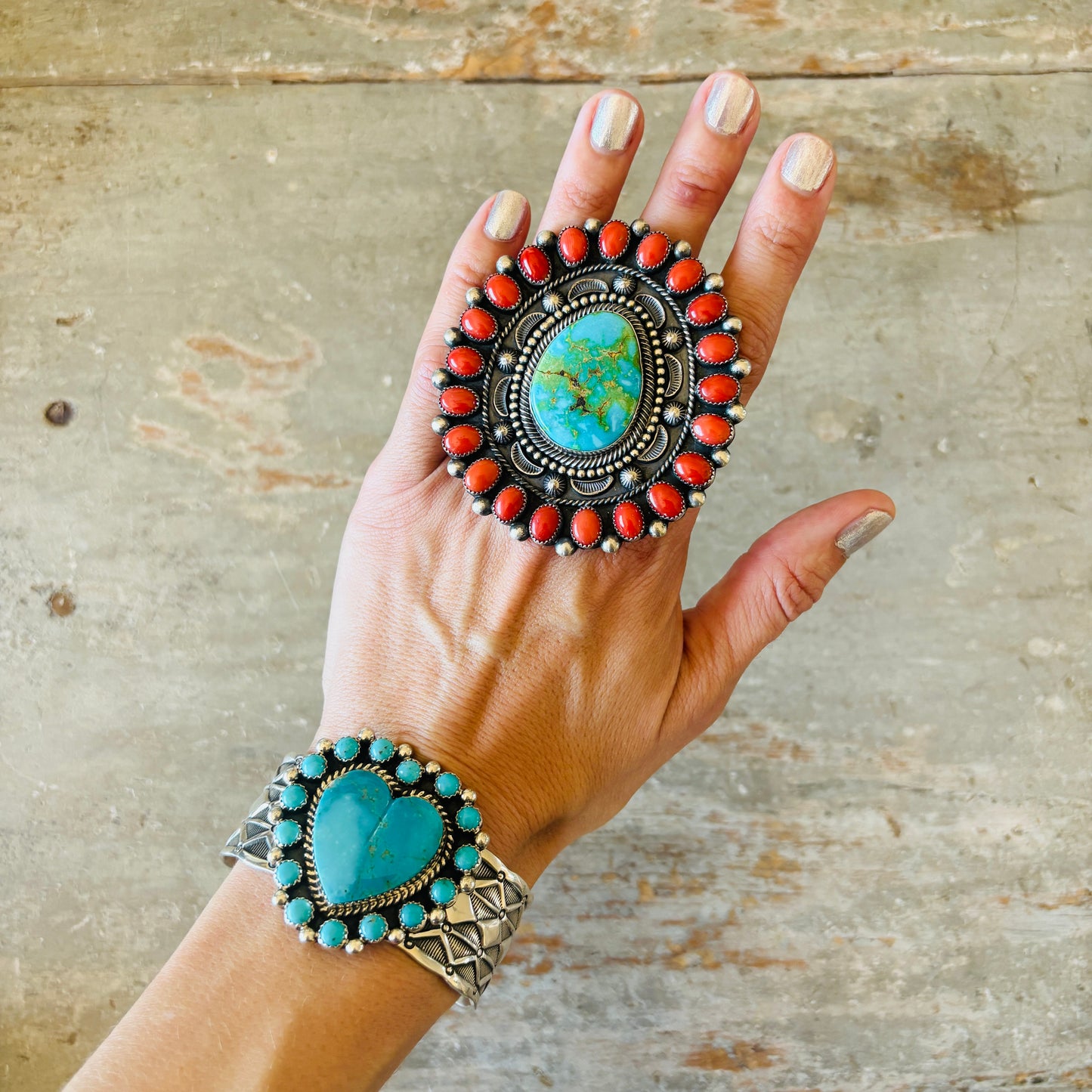 Navajo Hemerson Brown Sterling Silver - Red Coral & Sonoran Turquoise Statement Ring