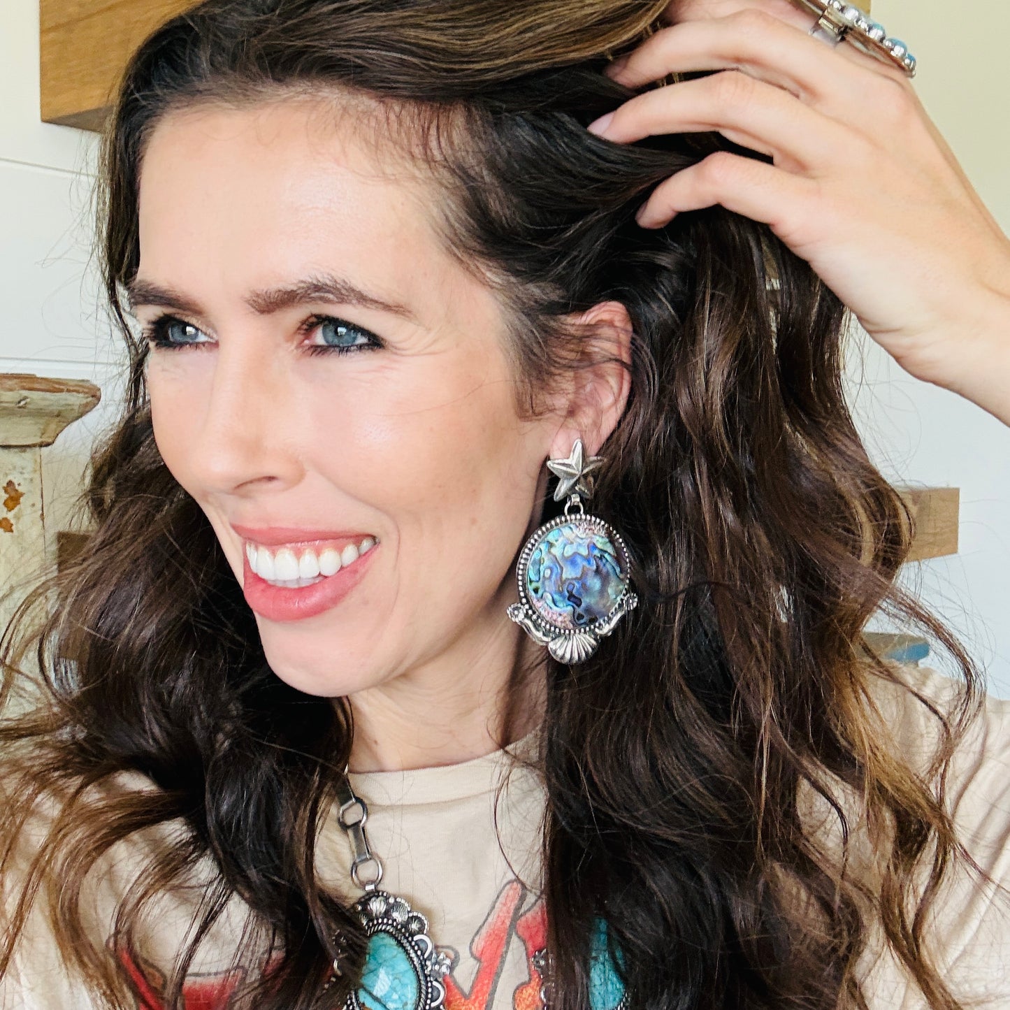 Navajo Hemerson Brown Sterling Silver & Abalone Star Statement Earrings