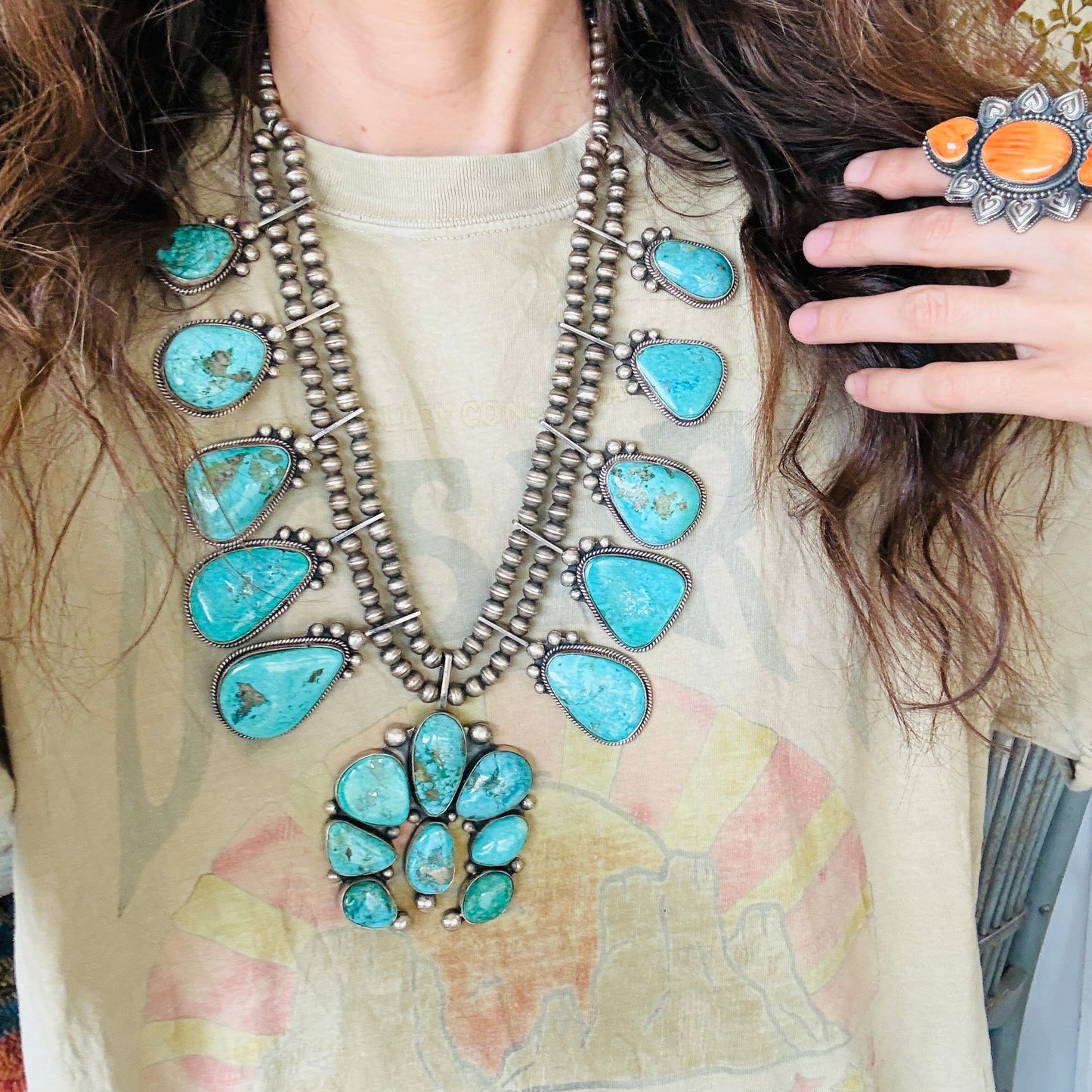 Navajo David Lister Sterling Silver & Kingman Turquoise Squash Blossom Necklace