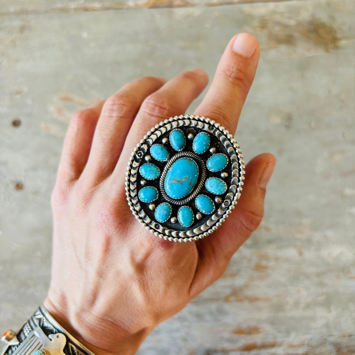 Navajo Braxton Parkett Sterling Silver & Kingman Turquoise Cluster Ring