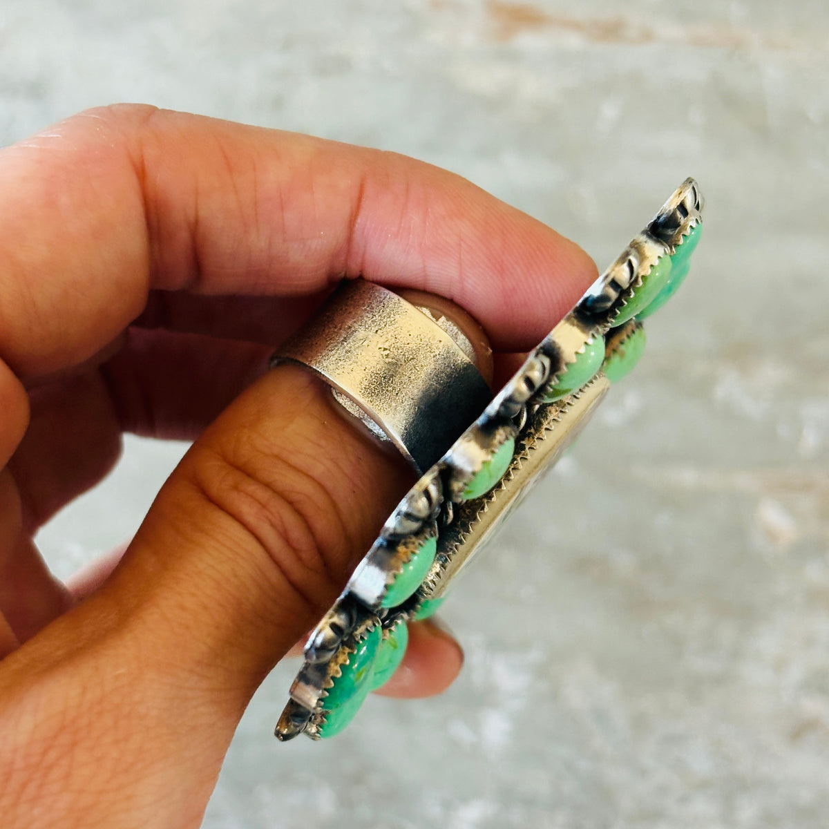 Navajo Kindale Billah Sterling Silver - Ceramic & Mojave Campitos Turquoise Floral Cluster Ring