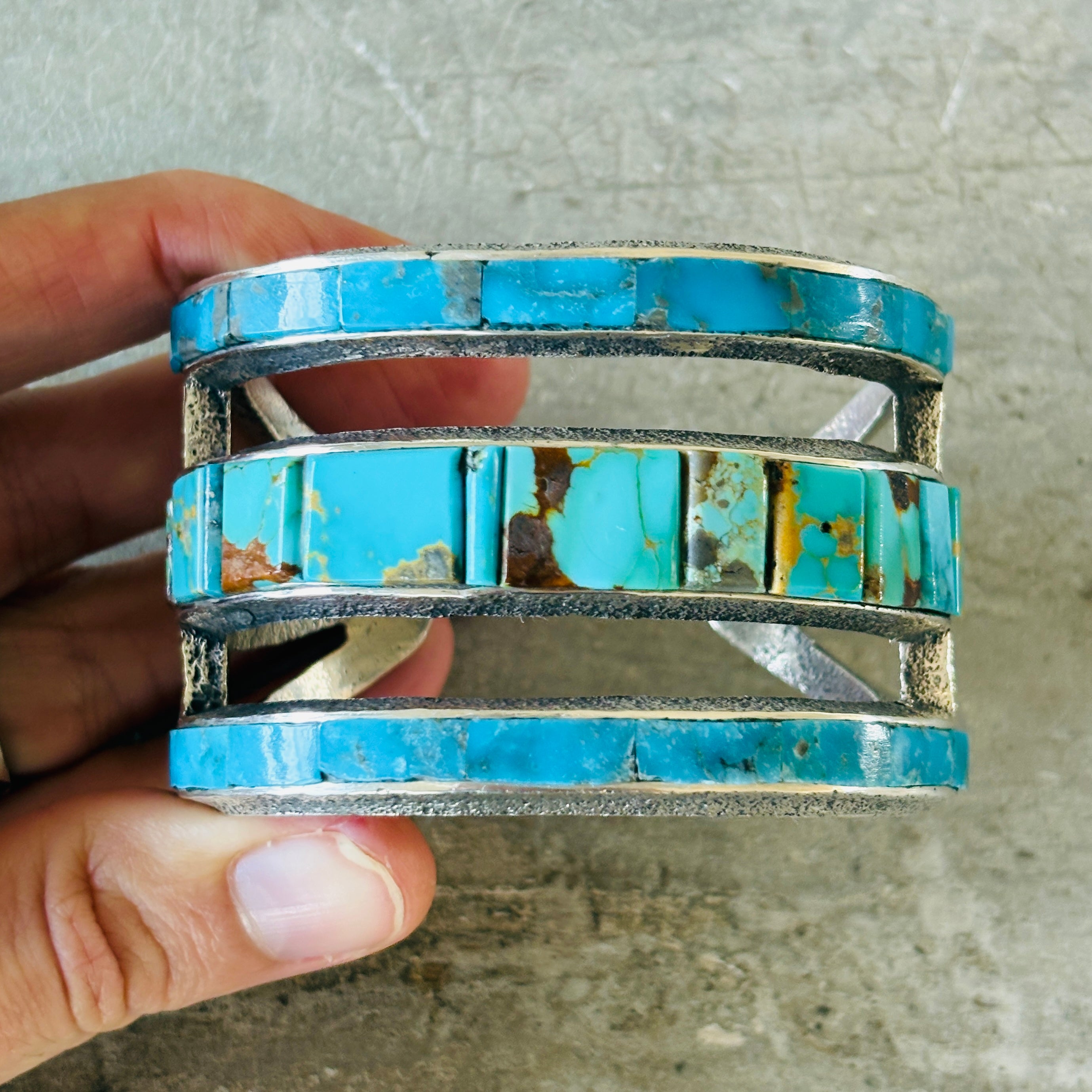 Navajo Lester James Sterling Silver & Mixed Turquoise Three Row Tufa C ...