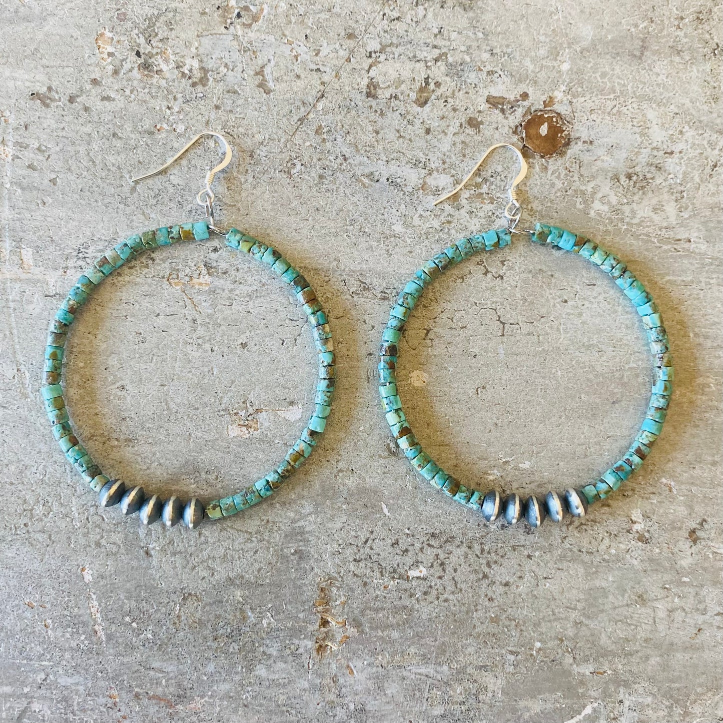 Native Strung Turquoise Heishi Beads & Sterling Silver Machine Made Pearls Earrings