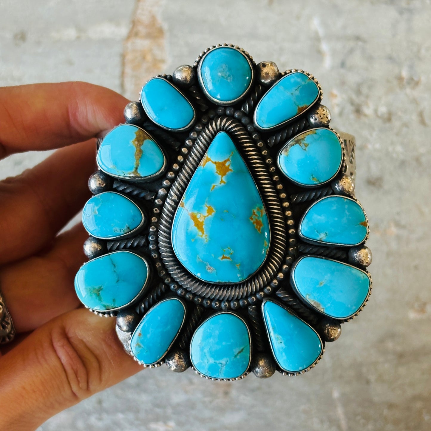 Navajo Braxton Parkett Sterling Silver & Kingman Turquoise Cluster Cuff