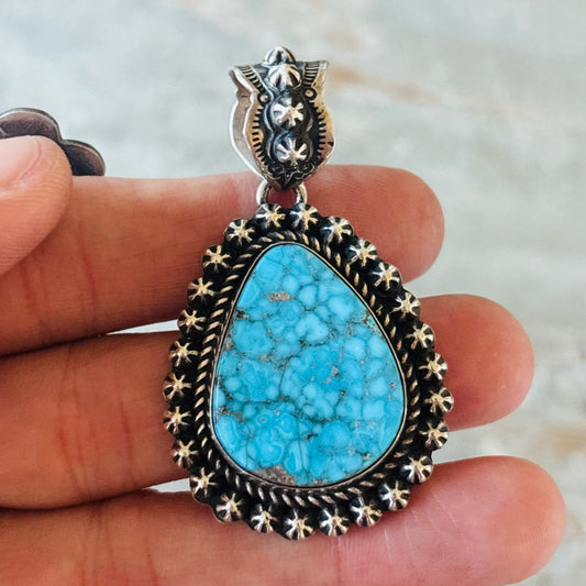 Navajo Happy Piasso Sterling Silver & High Grade Kingman Turquoise Starburst Pendant
