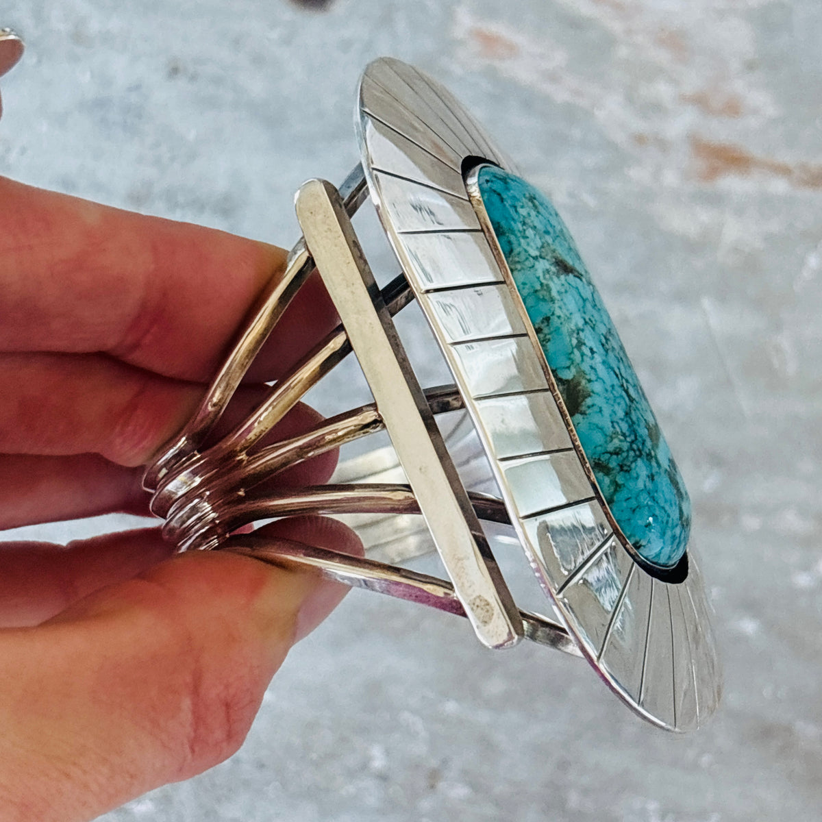 Navajo Running Bear Sterling Silver & Kingman Turquoise Statement Cuff