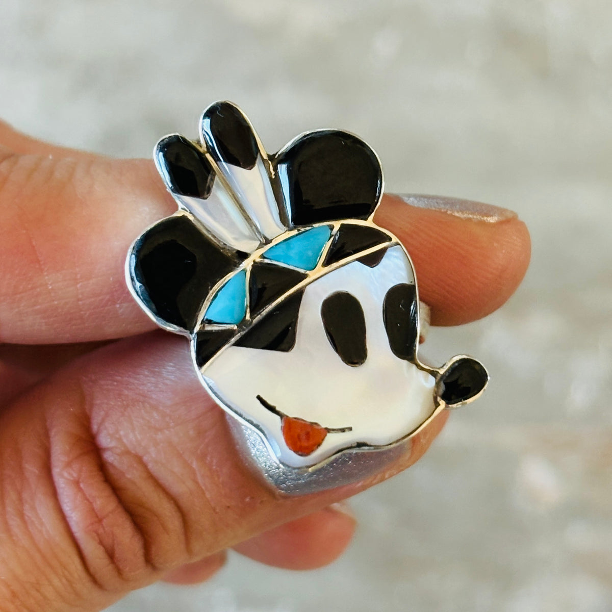 Zuni Don Dewa Sterling Silver Multi Stone Mickey Mouse Ring