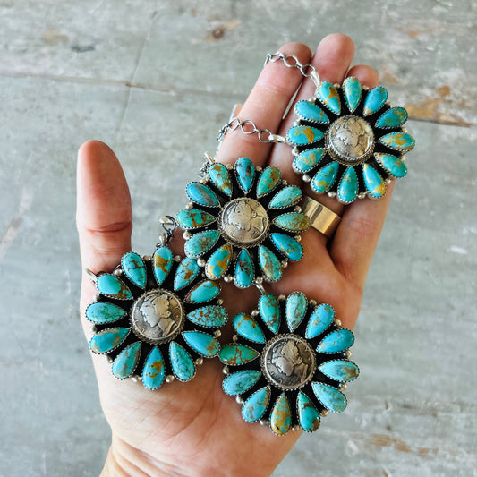 Navajo Deb Smith Sterling Silver & Kingman Turquoise Liberty Dime Cluster Necklace