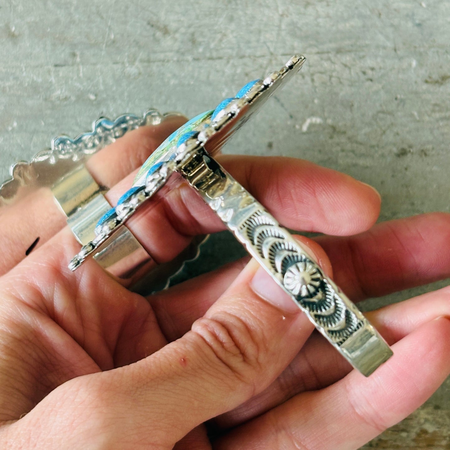 Navajo Hemerson Brown Sterling Silver - Sonoran Turquoise & Blue Lab Opal Cluster Statement Cuff