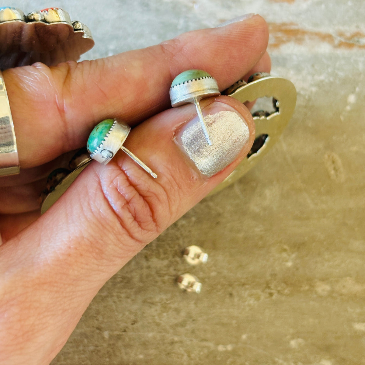 Navajo Nora Whitegoat Sterling Silver & Kingman Turquoise Peace Sign Earrings