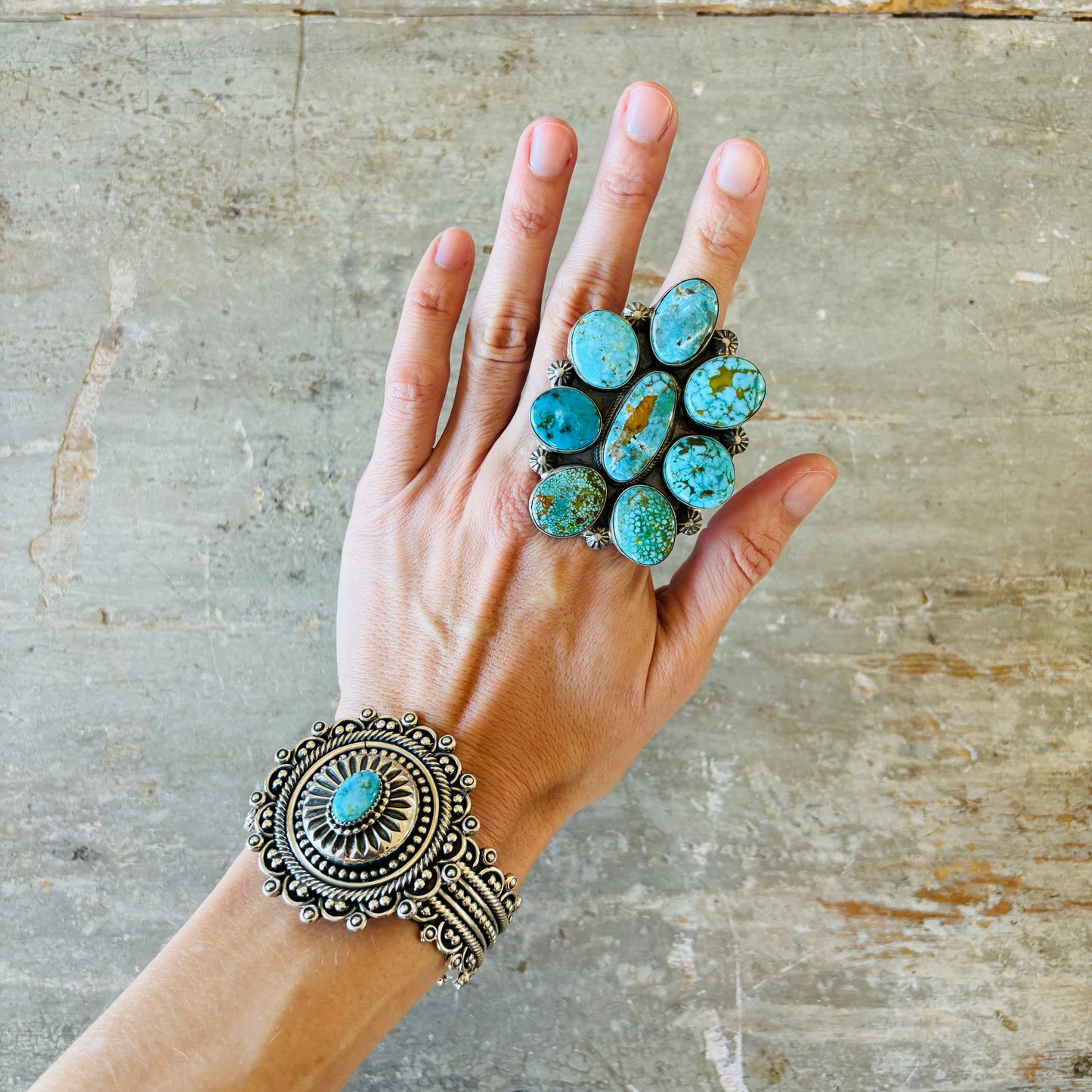 Navajo Kathleen Chavez Sterling Silver & Kingman Cluster Ring