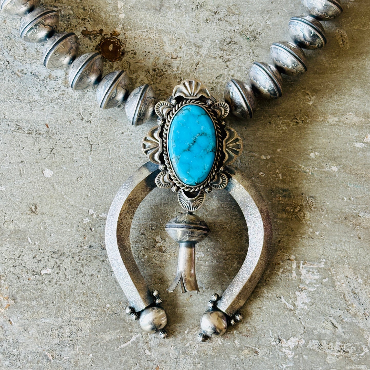 Navajo James McCabe Sterling Silver - Liberty Dime & Kingman Turquoise Squash Blossom Necklace