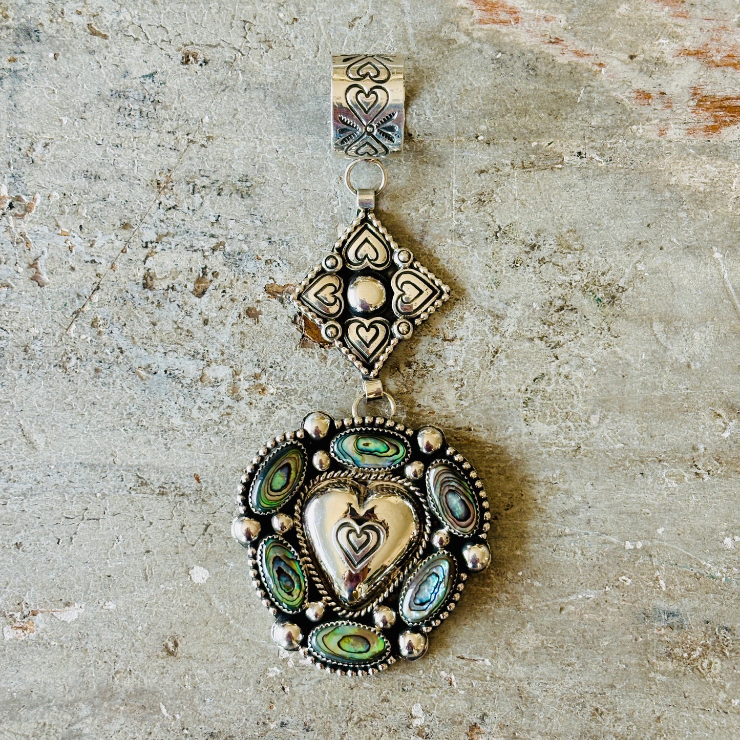 Navajo Hemerson Brown Sterling Silver & Abalone Shell Hearts Pendant