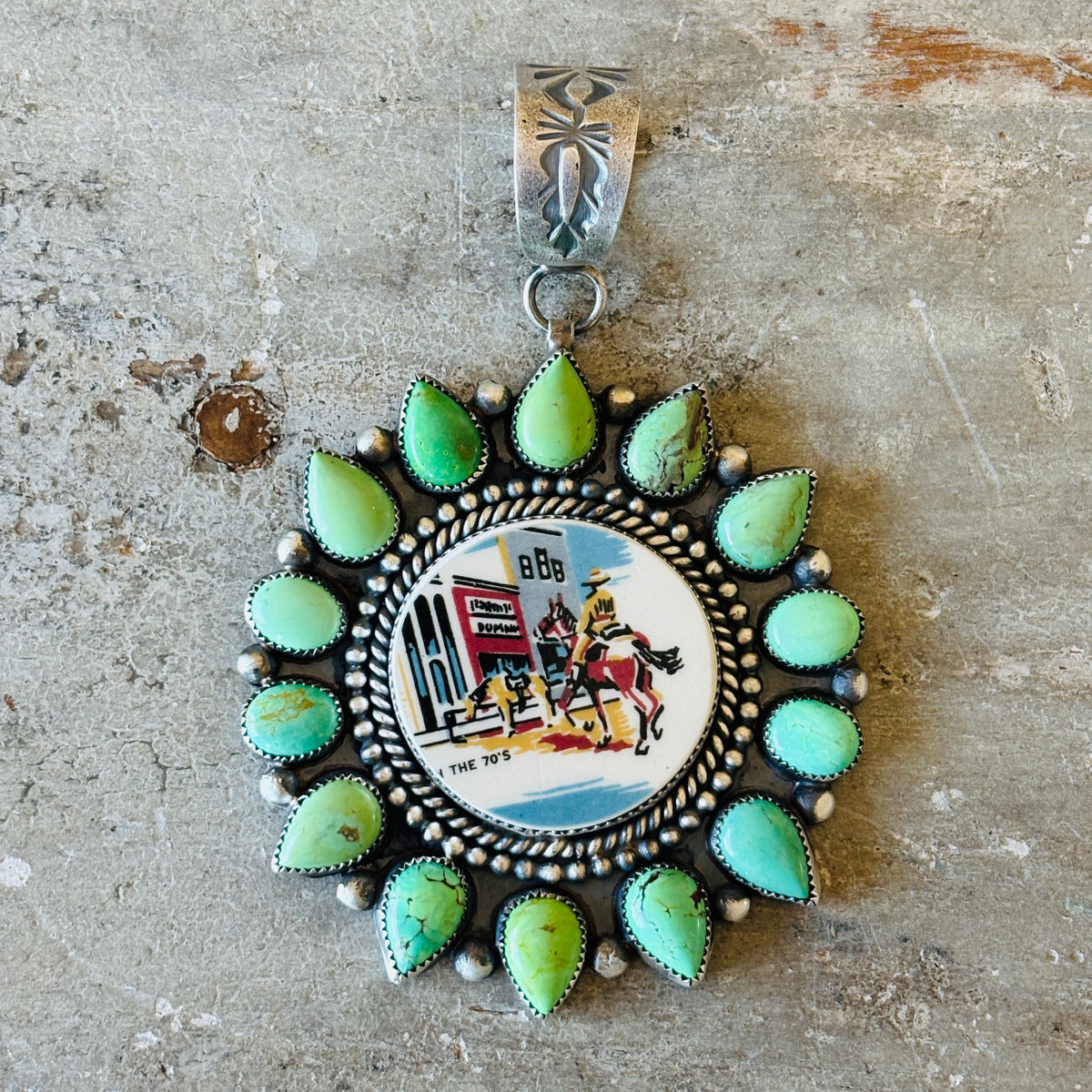 Navajo Kindale Billah Sterling Silver - Ceramic & Mojave Campitos Turquoise Cowboy Cluster Pendant