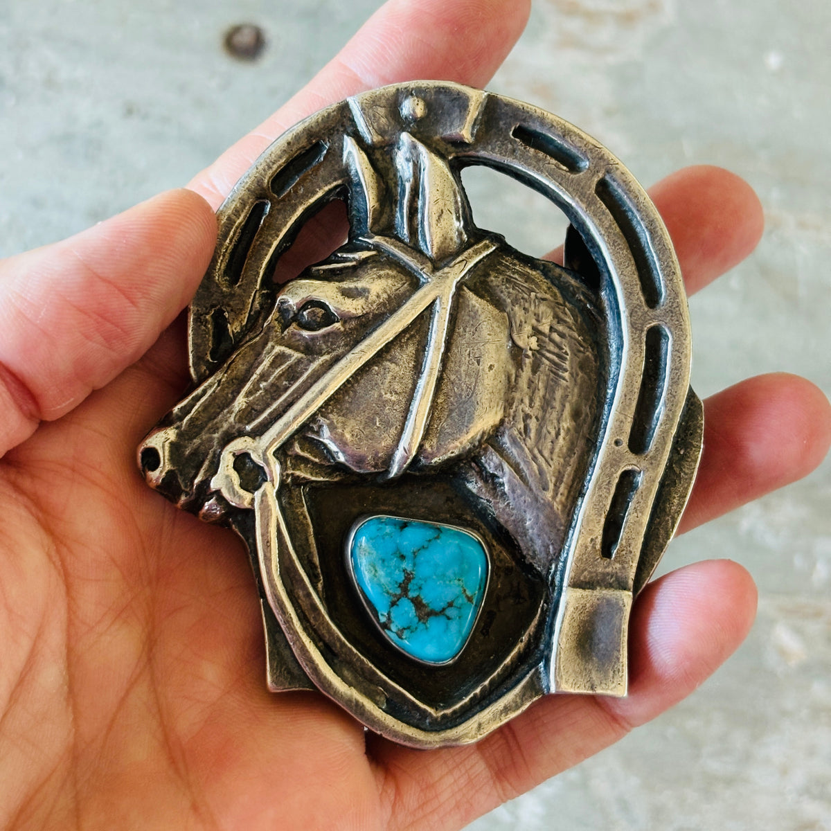 Vintage Navajo Signed Sterling Silver & Kingman Turquoise Horse Head Belt Buckle