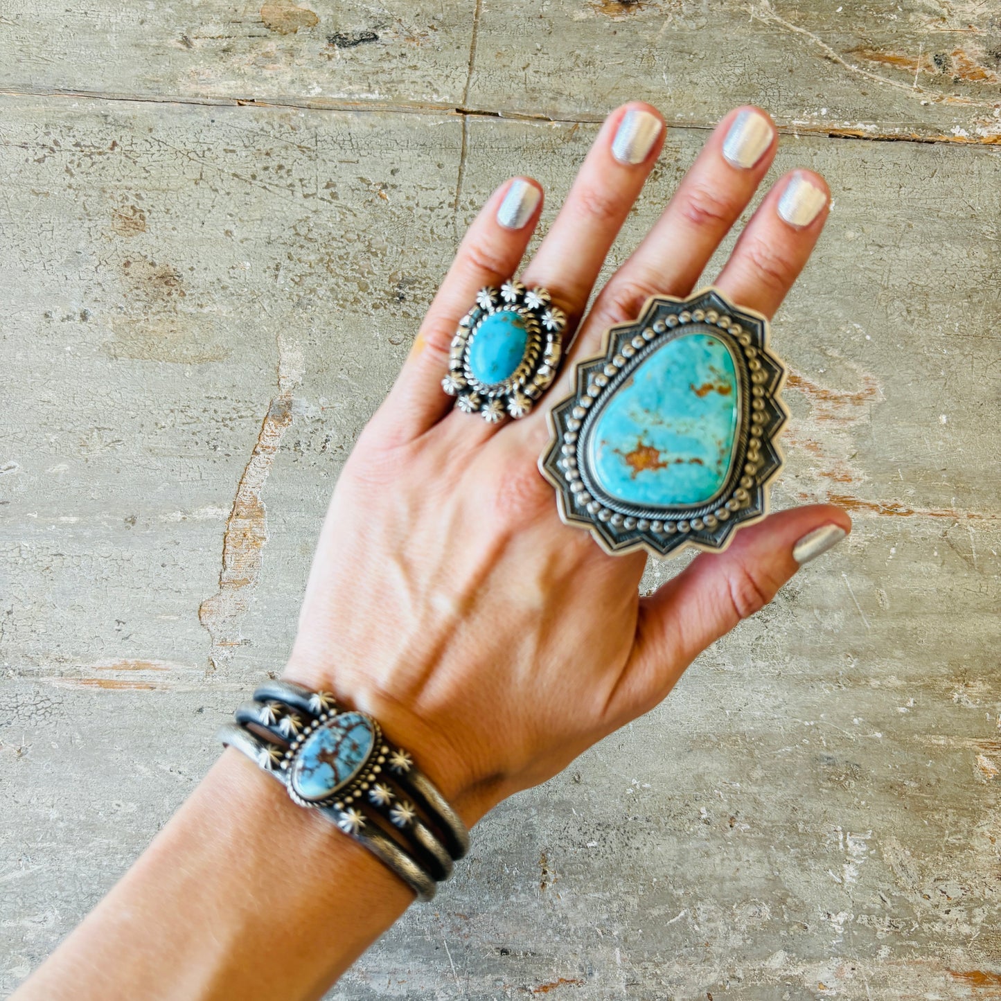 Navajo Herman Smith Sterling Silver & Golden Hills Turquoise Stacker Cuff
