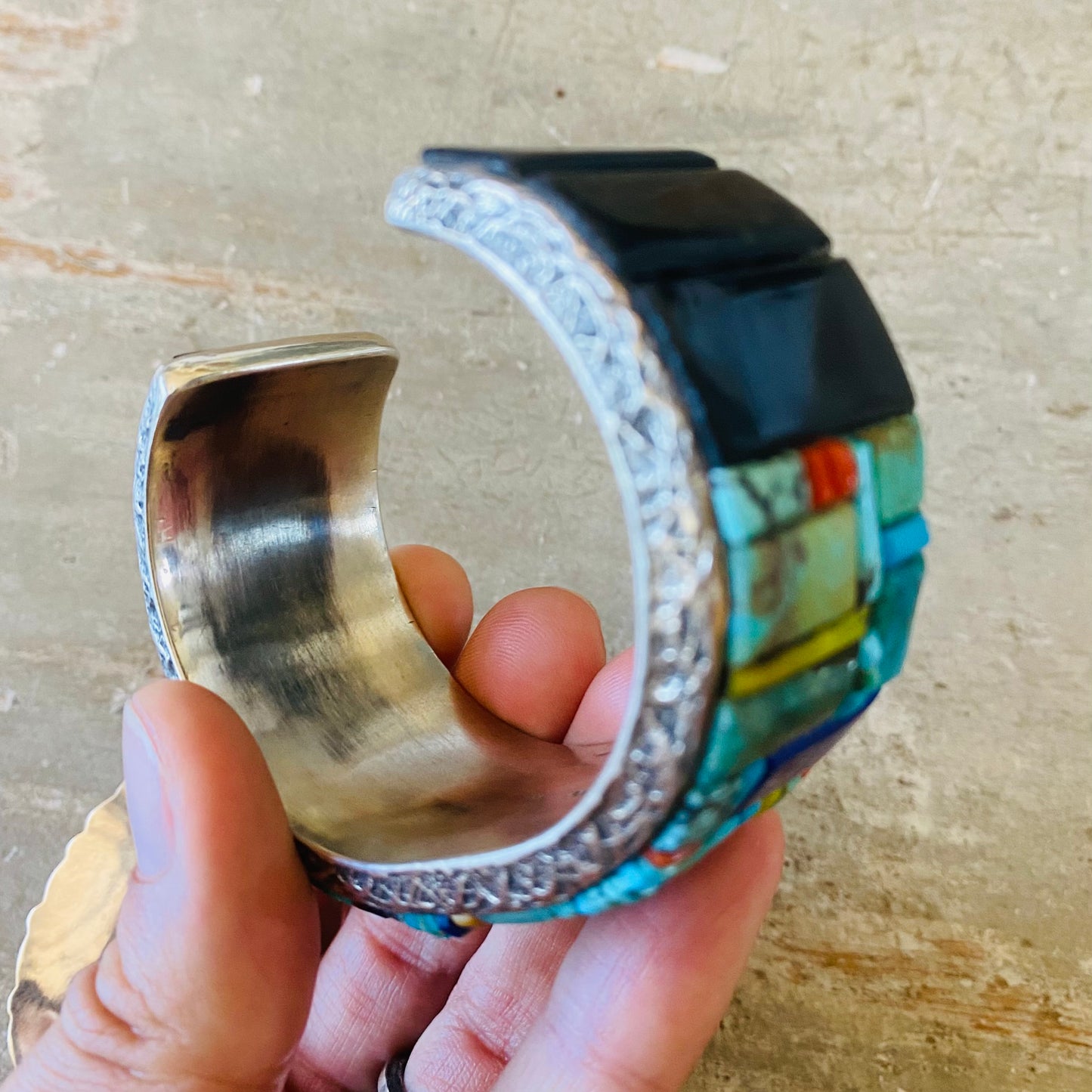 Navajo Lester James Sterling Silver & Multi Stone Tufa Cast Cuff