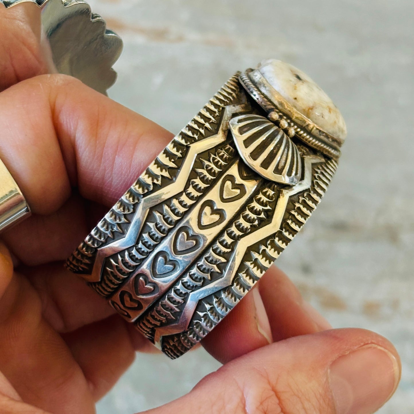 Navajo Darrell Cadman Sterling Silver & White Buffalo Hearts Stacker Cuff