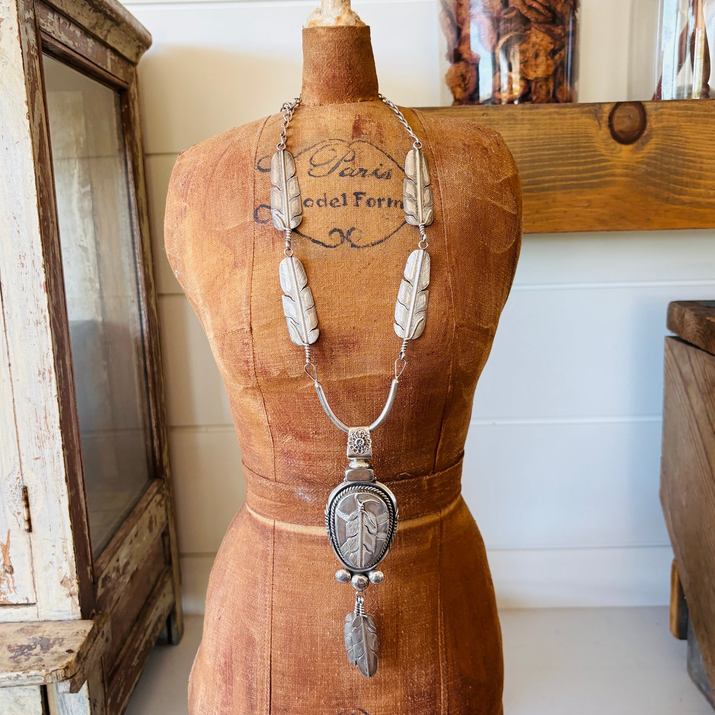 Vintage Navajo Jeff Jackson Sterling Silver Feathers Statement Necklace