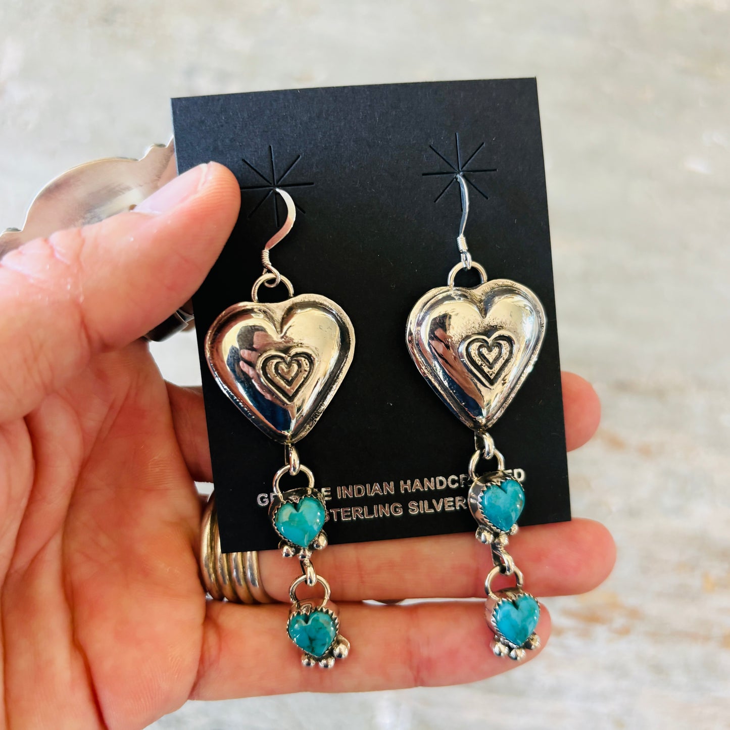 Navajo Hemerson Brown Sterling Silver & Kingman Turquoise Hearts Earrings