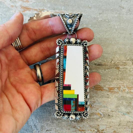 Navajo Marcus Chavez Sterling Silver & Multi Block Stone Pendant