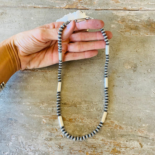 Navajo Tonisha Haley Sterling Silver 5mm Handmade Fluted - Tube Bead Pearls Necklace