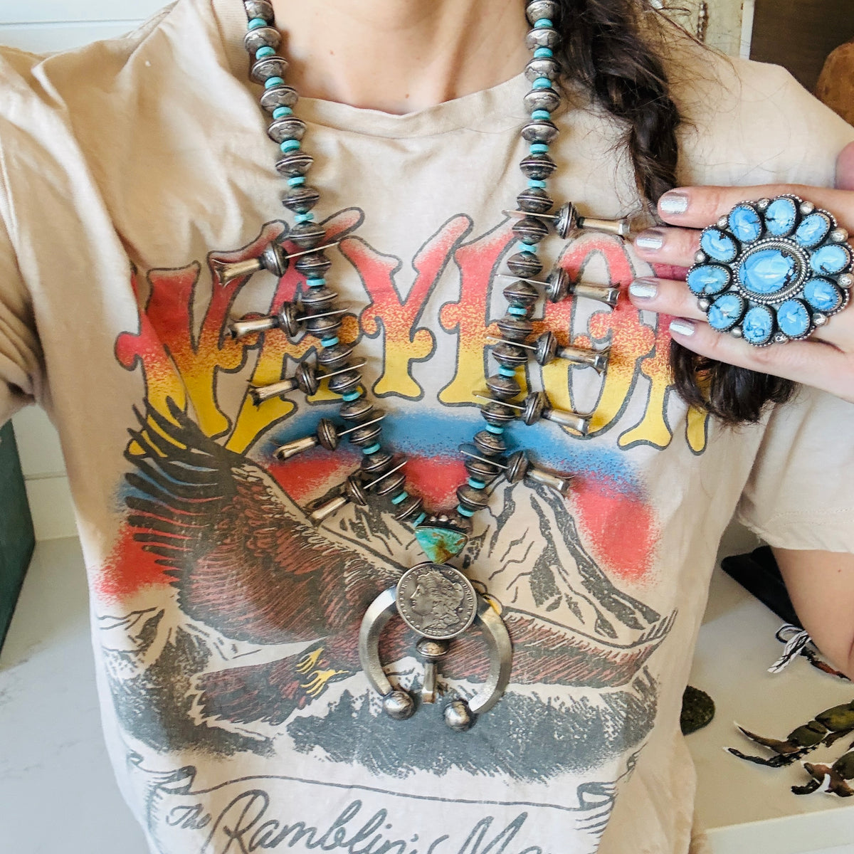 Navajo James McCabe Sterling Silver & Kingman Turquoise Liberty Dime Beads Squash Blossom Necklace