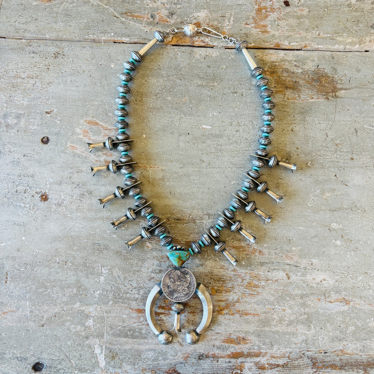 Navajo James McCabe Sterling Silver & Kingman Turquoise Liberty Dime Beads Squash Blossom Necklace