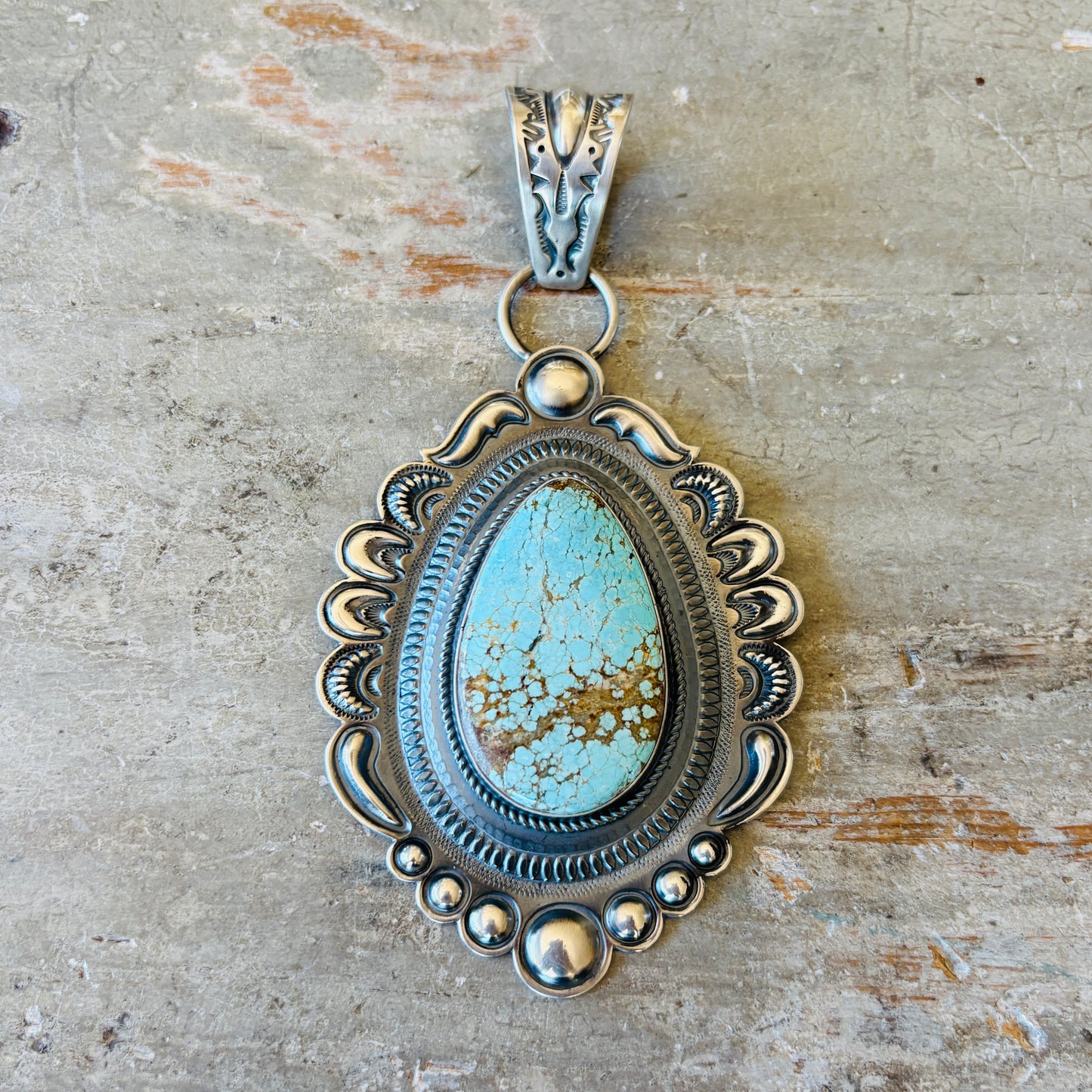 Navajo Roland Dixon Sterling Silver & #8 Turquoise Statement Pendant